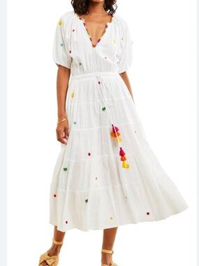 Love The Label Natalie White Embroidered Cotton Midi Dress with Colorful Tassels